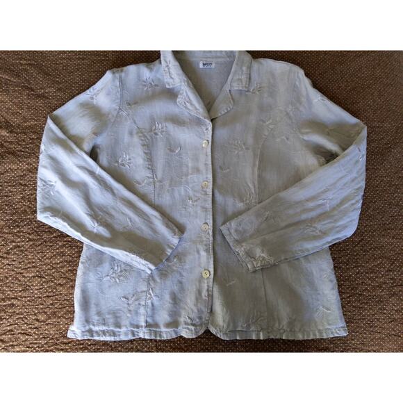 Haven 100% Linen Embroidered Button Down Shirt Taupe Beige Size Large Floral - Picture 4 of 10